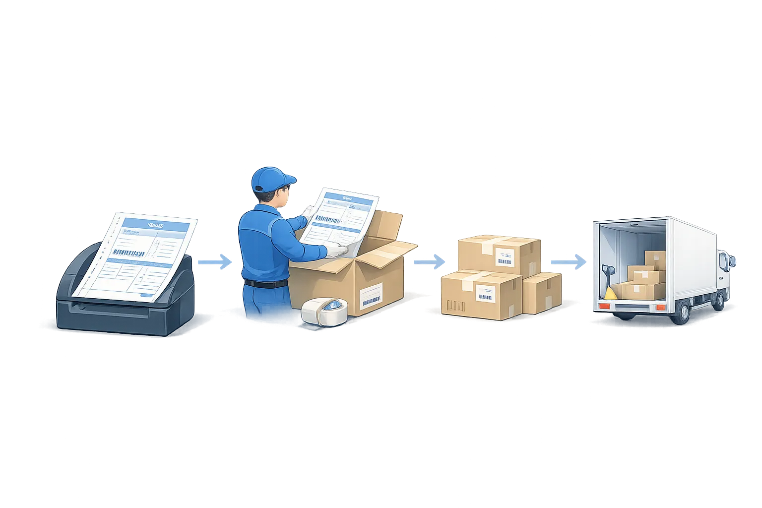 一体型伝票の印字、貼付、梱包、出荷の流れを表したイラスト
