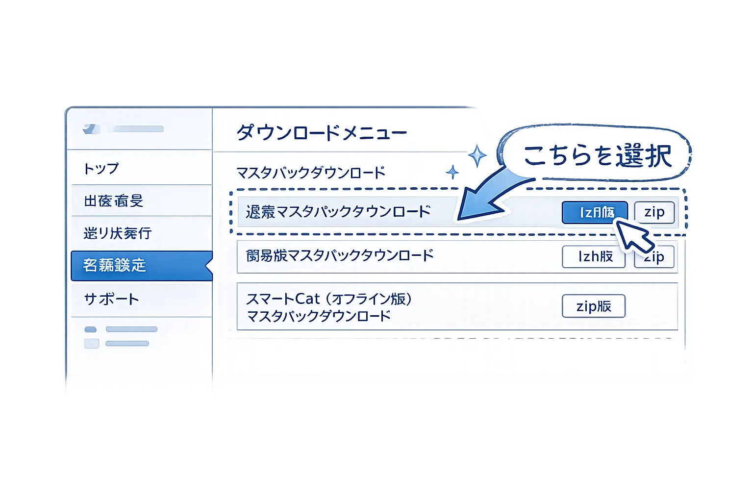 マスタパックダウンロード画面で、通常マスタパックダウンロードのlzh版を選択する位置を示した説明図